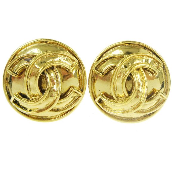 CHANEL CC Logos Button Motif Earrings Gold-Tone - Picture 1 of 4